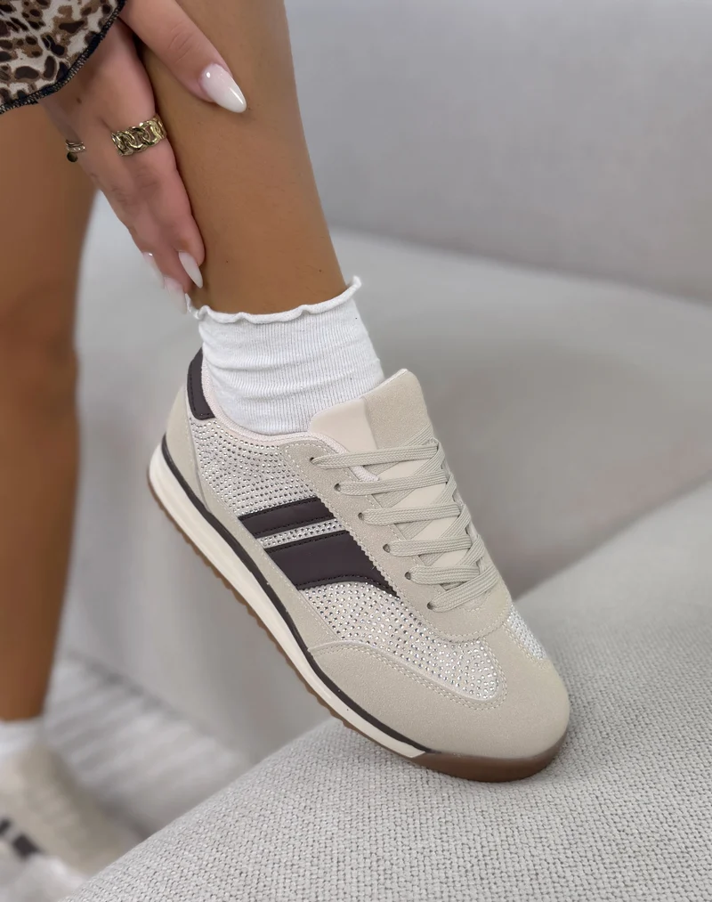 Basket femme beige tendance à strass et détails marron
