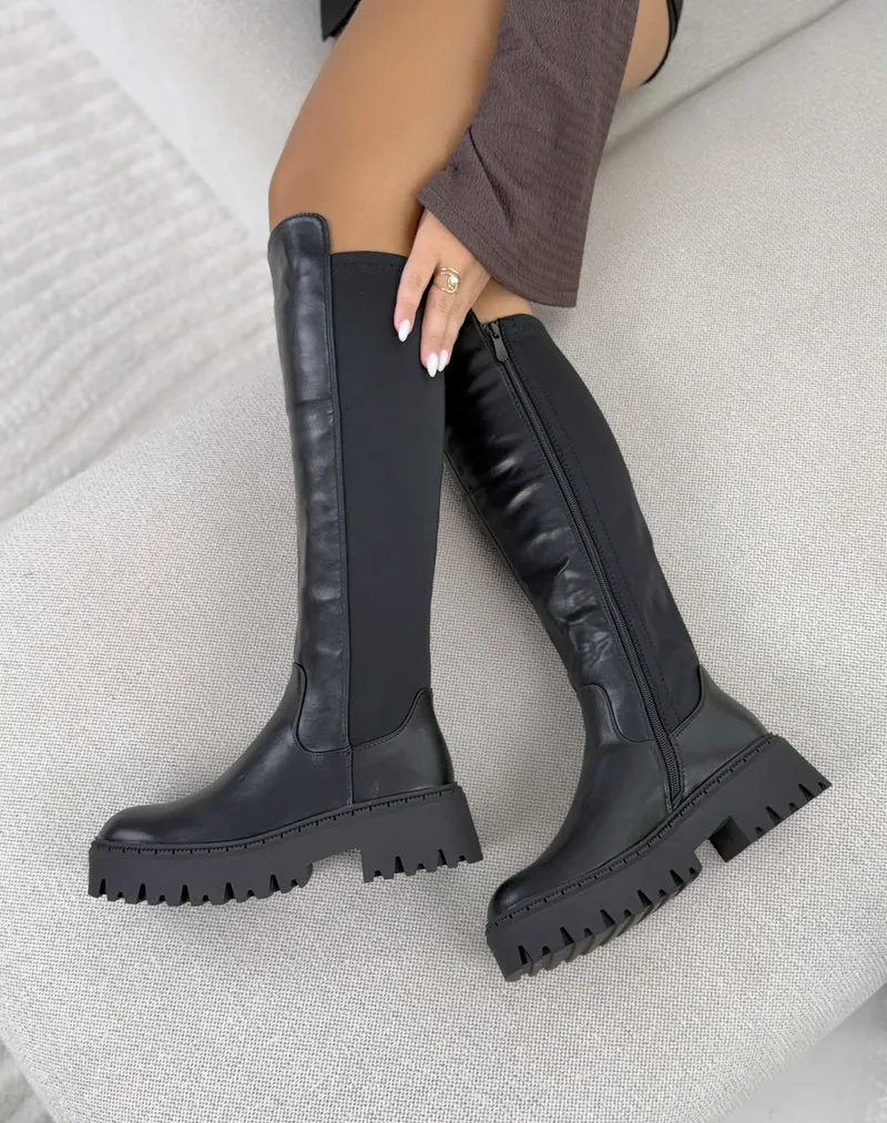 Bottes femme noires tendance à semelle crantée épaisse et tige haute