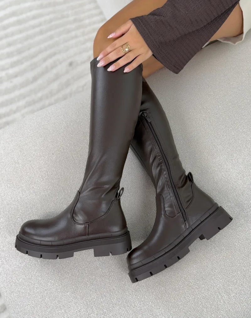 Bottes femme marron tendance effet chaussette à plateforme crantée