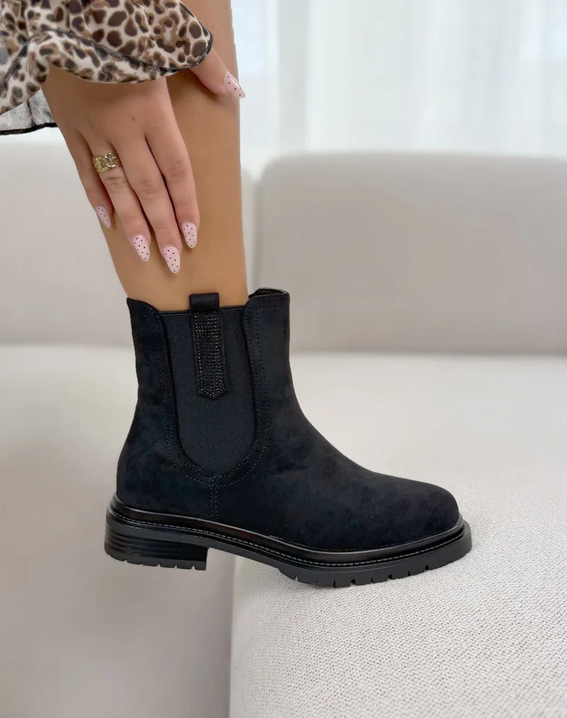 Bottines femme noires tendance style Chelsea en suédine à détail pailleté
