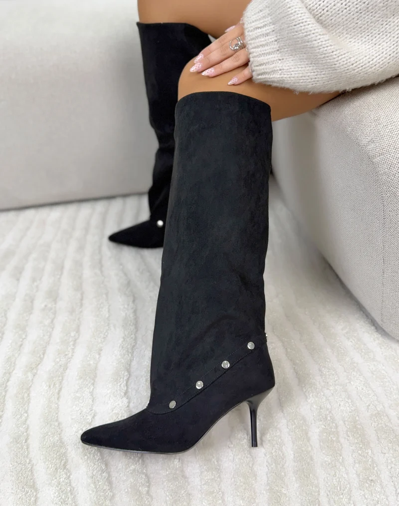 Bottes femme noires élégantes en suédine à talon aiguille et détails argentés