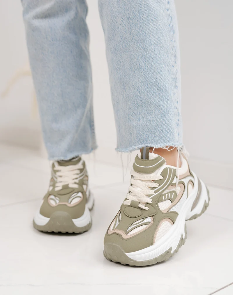Baskets épaisses vert kaki et blanches femme – Semelle crantée et plateforme