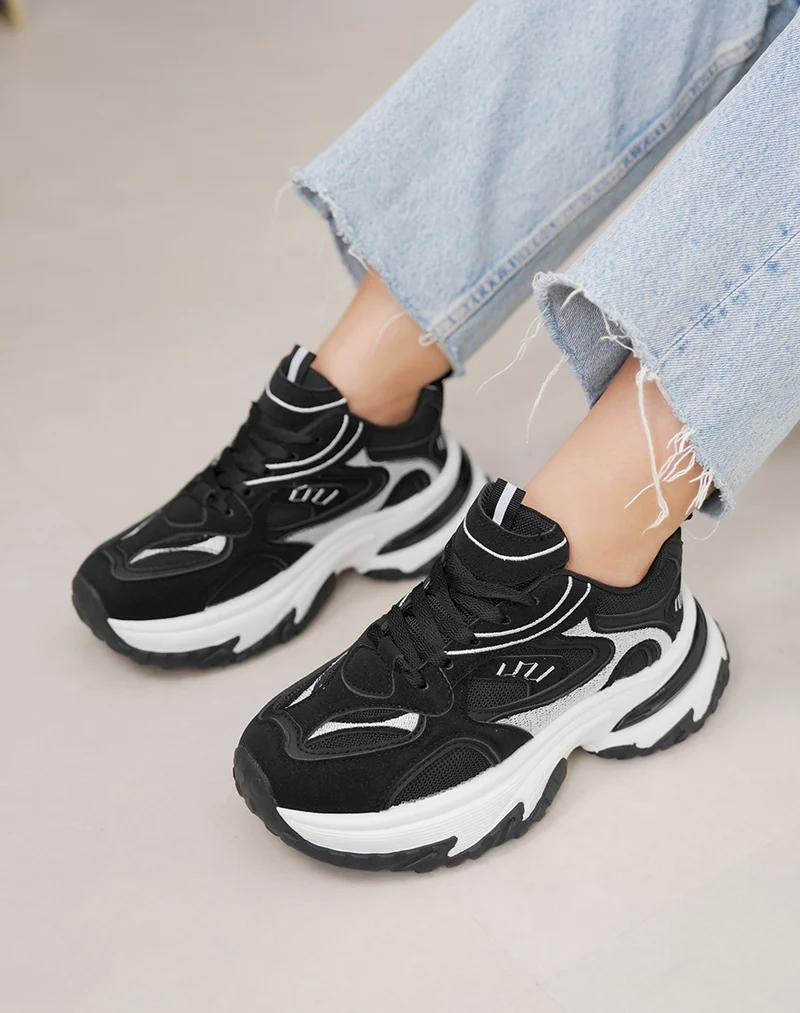Baskets épaisses noires et blanches femme – Semelle crantée et plateforme
