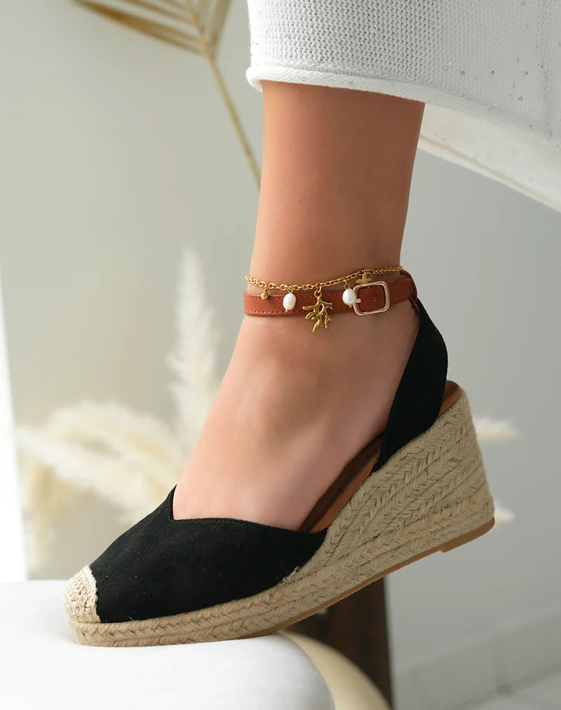 Espadrilles compensées femme en suédine noire avec lanière ajustable camel