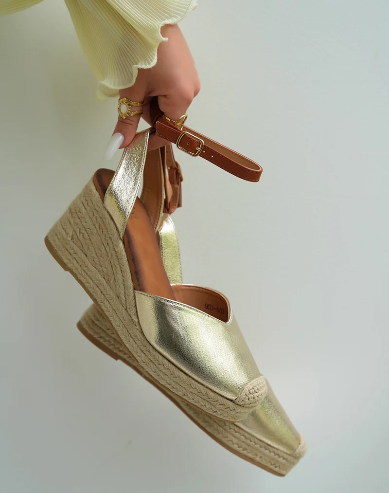 Espadrilles compensées femme dorées avec lanière ajustable camel