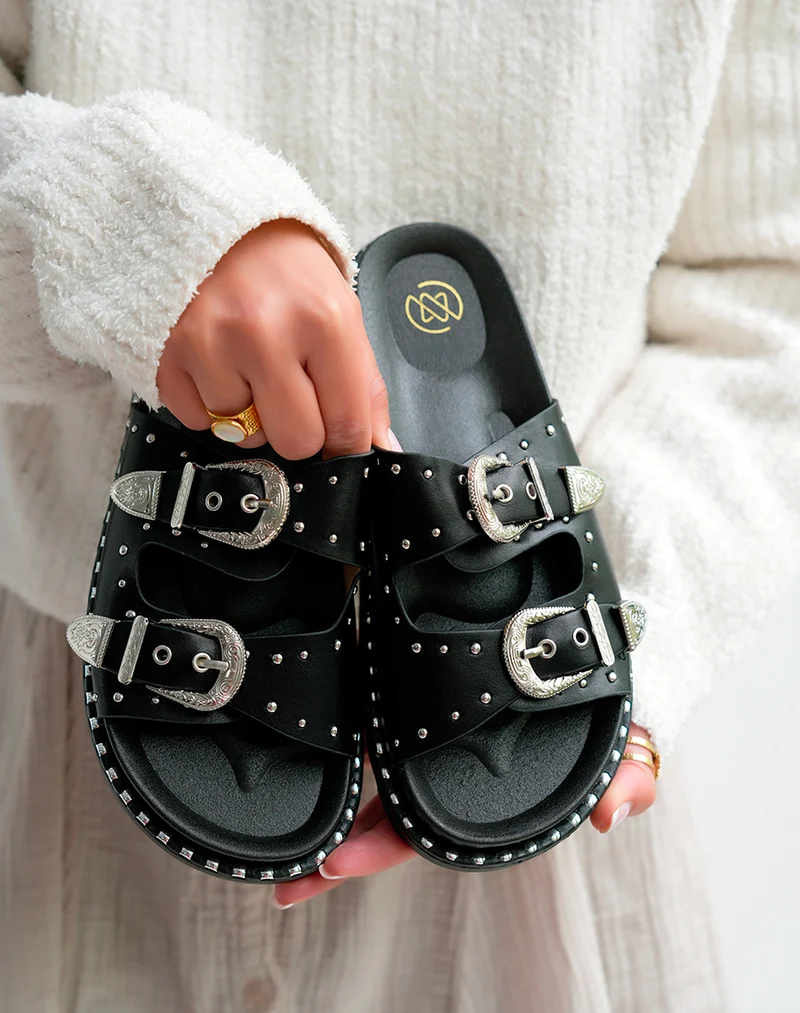 Mules Femme Noires Cloutées à Double Sangles et Semelle Épaisse Tendance