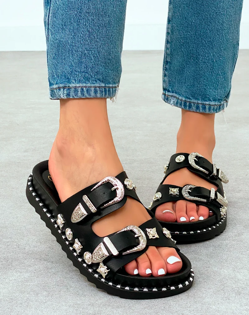 Mules Femme Noires Cloutées à Sangles Bijoux Argentées et Plateforme Crantée