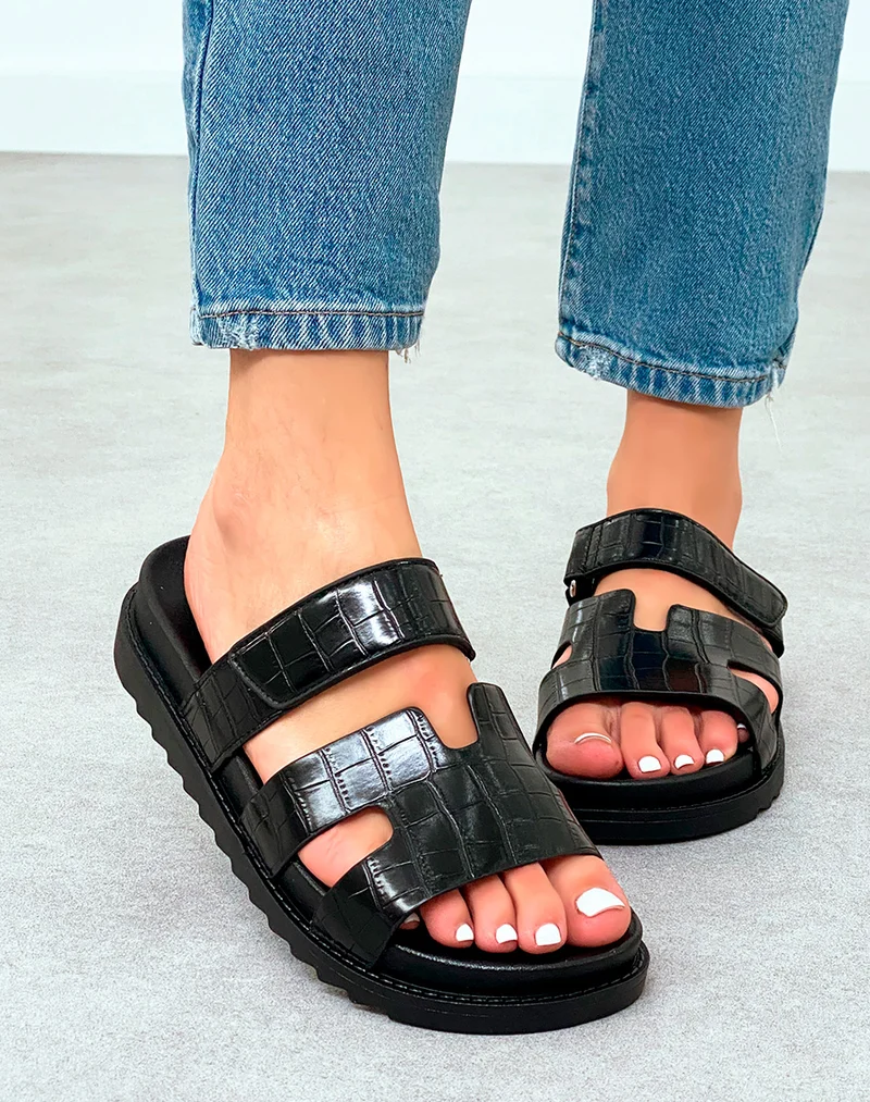 Mules Femme Noires Effet Croco à Plateforme Urbaine