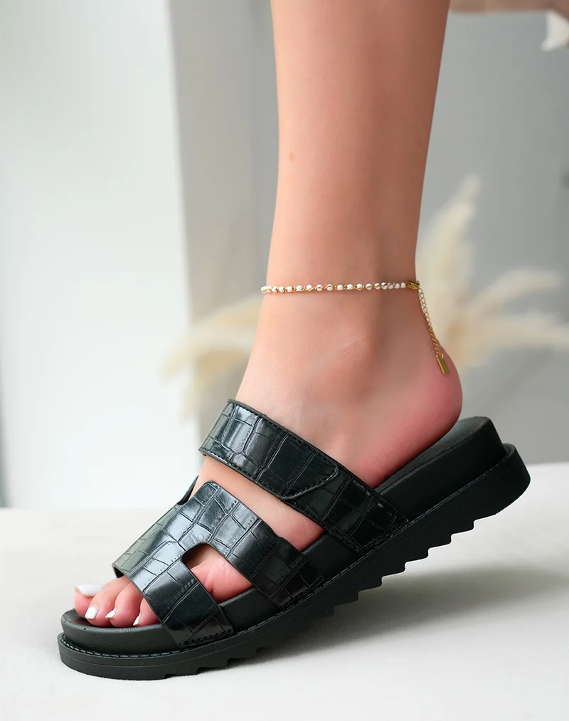 Mules Femme Noires Effet Croco à Plateforme Urbaine