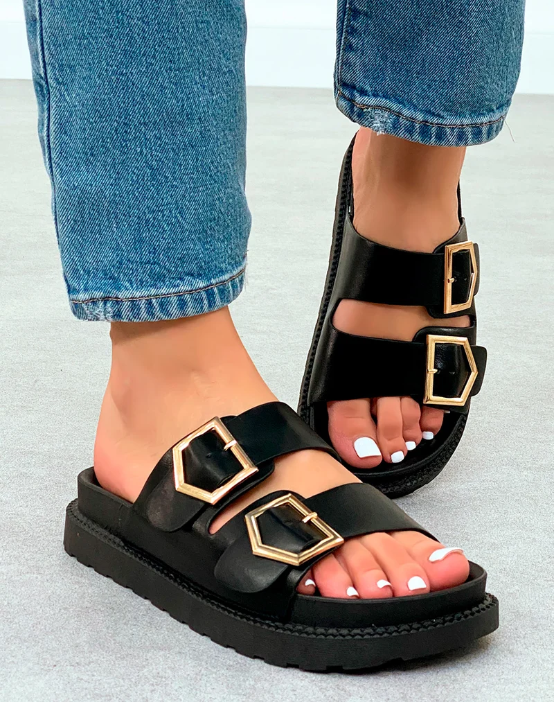 Sandales Mules Femme Noires Élégantes à Double Sangle et Détails Dorés