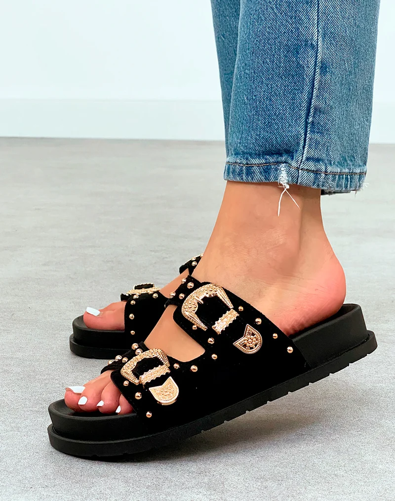 Mules Noires Cloutées à Double Sangle – Élégance Rock et Confort