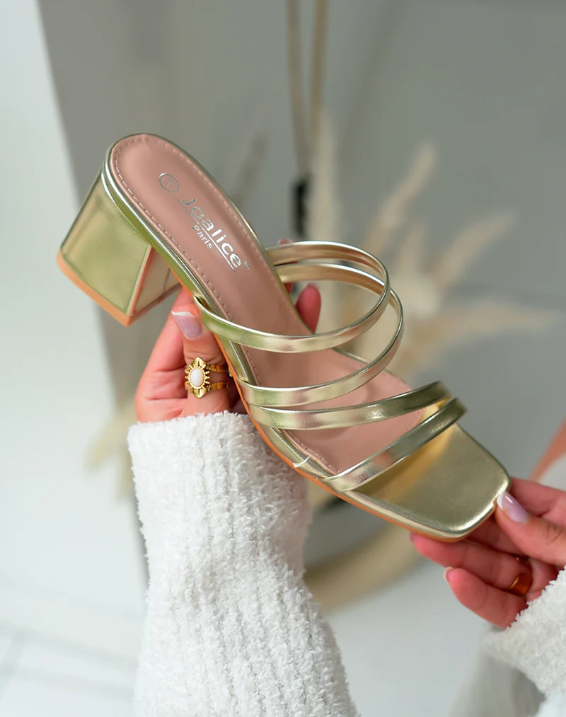 Mules Doré Femme à talon moyen avec plusieurs brides entrecroisés