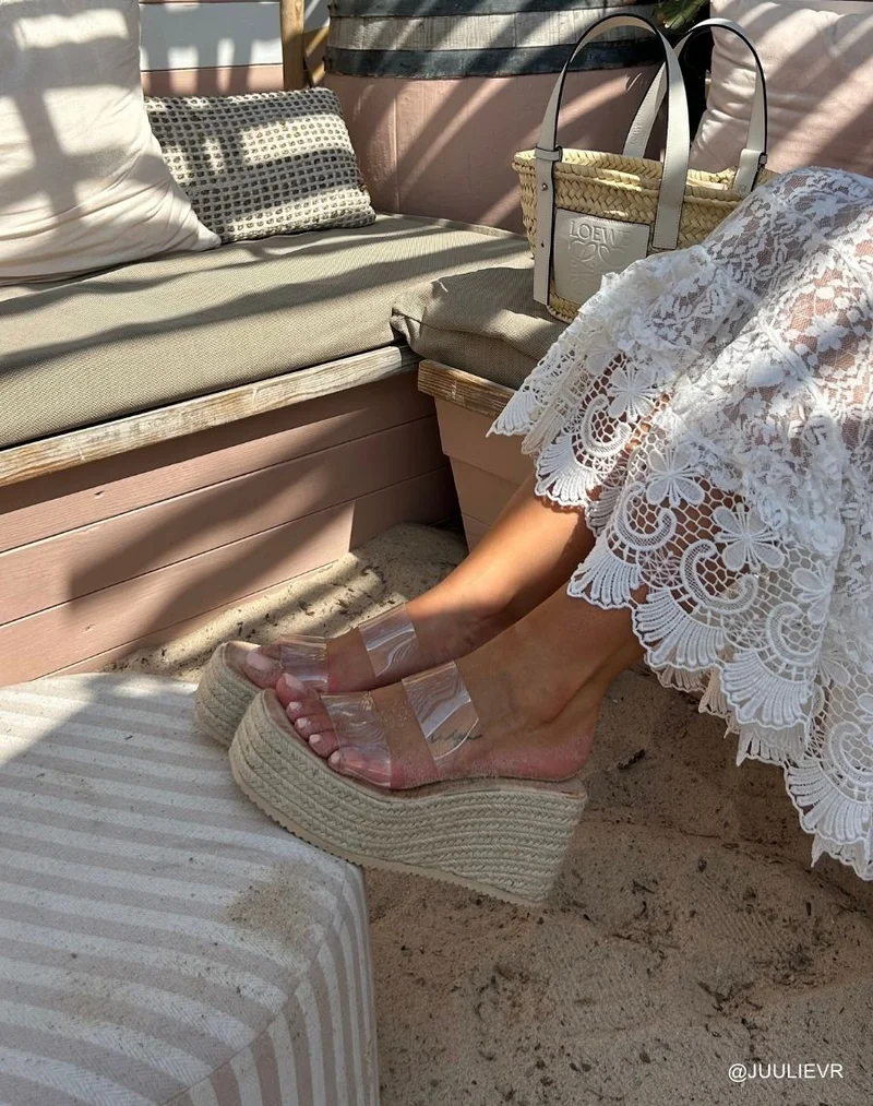Mules compensées femme transparentes et élégantes avec talon en corde tissée