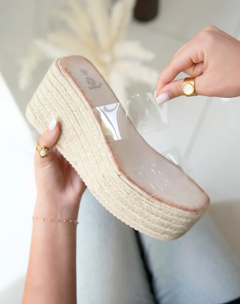 Mules compensées femme transparentes et élégantes avec talon en corde tissée