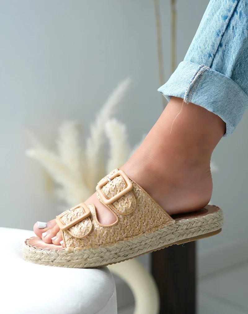 Mules à double bride femme effet tissé beige avec semelle épaisse en corde tendance
