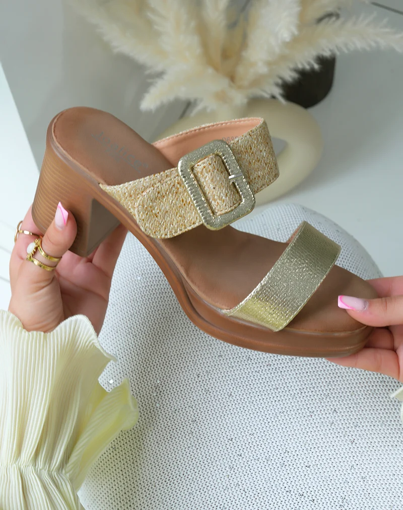 Sandales à talons femme dorées élégantes avec brides jute et dorées et boucle dorée
