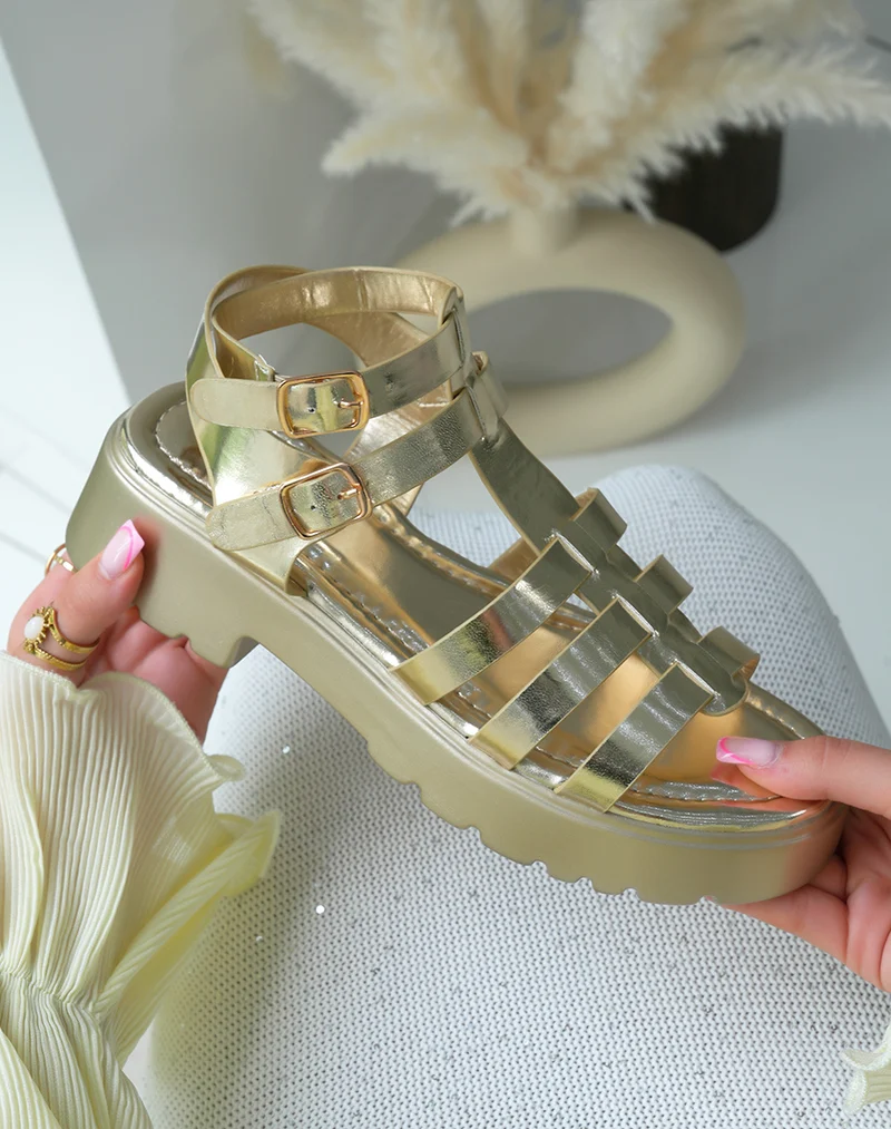 Sandales femme dorées tendance avec plateforme épaisse et brides multiples