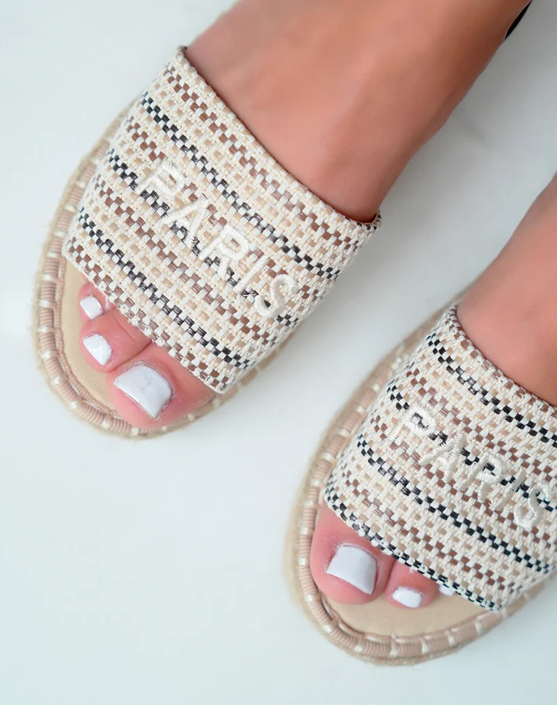 Sandales femme compensées effet tissé beige et marron avec lanière ajustable