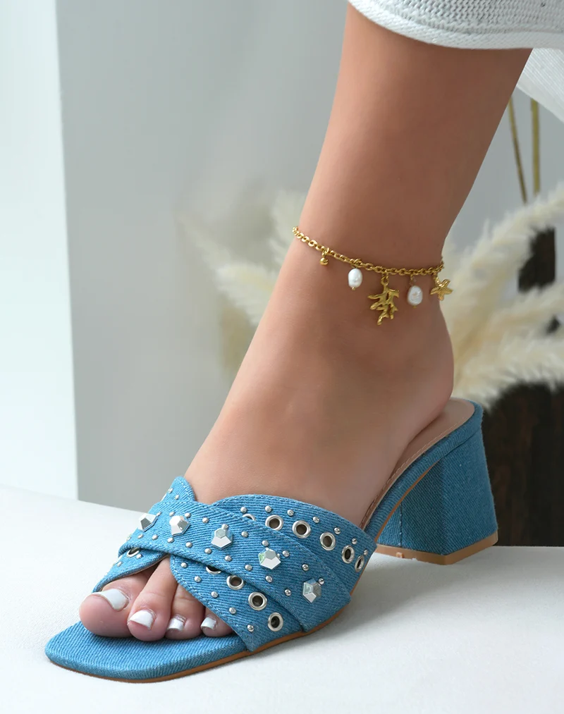Mules à talons femme en jean avec clous argentés élégantes et confortables