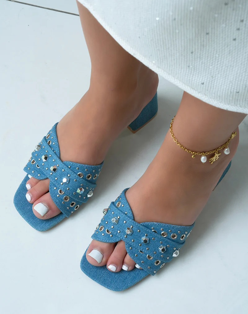 Mules à talons femme en jean avec clous argentés élégantes et confortables