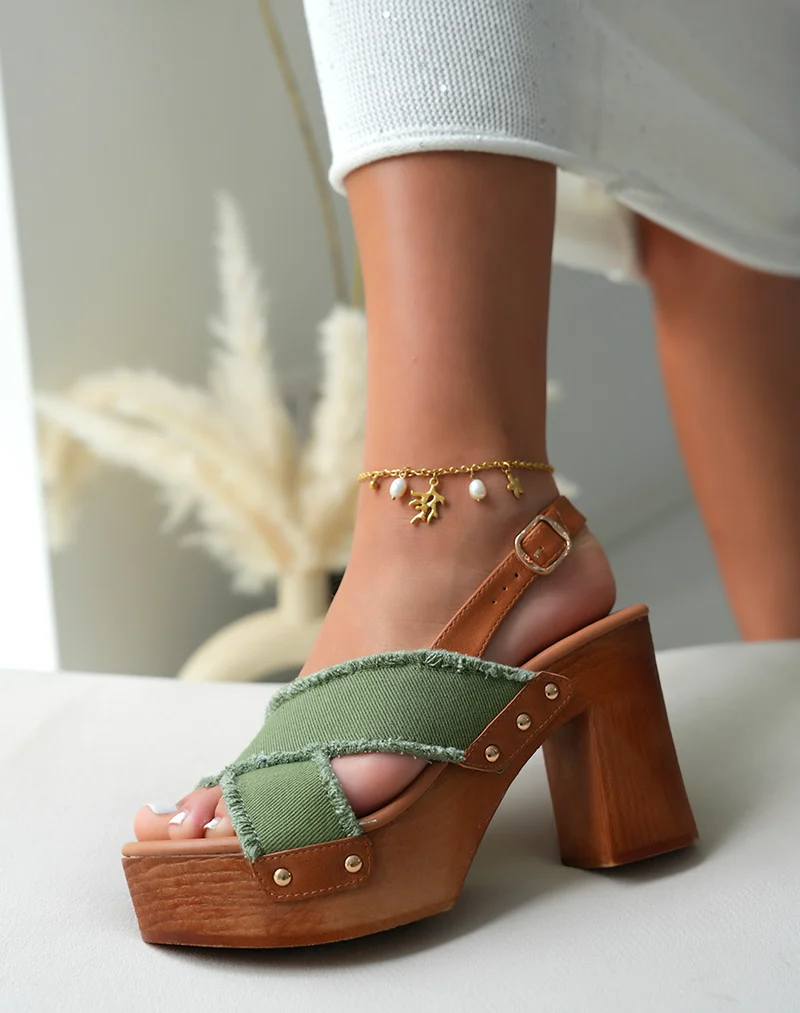 Sandales sabots femme kaki à bride entrecroisée et lanière ajustable camel
