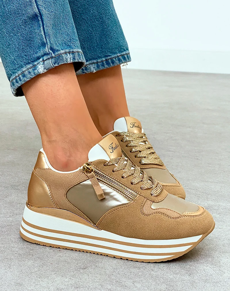 Baskets Femme Beige Métallisé Plateforme Dorée Chic