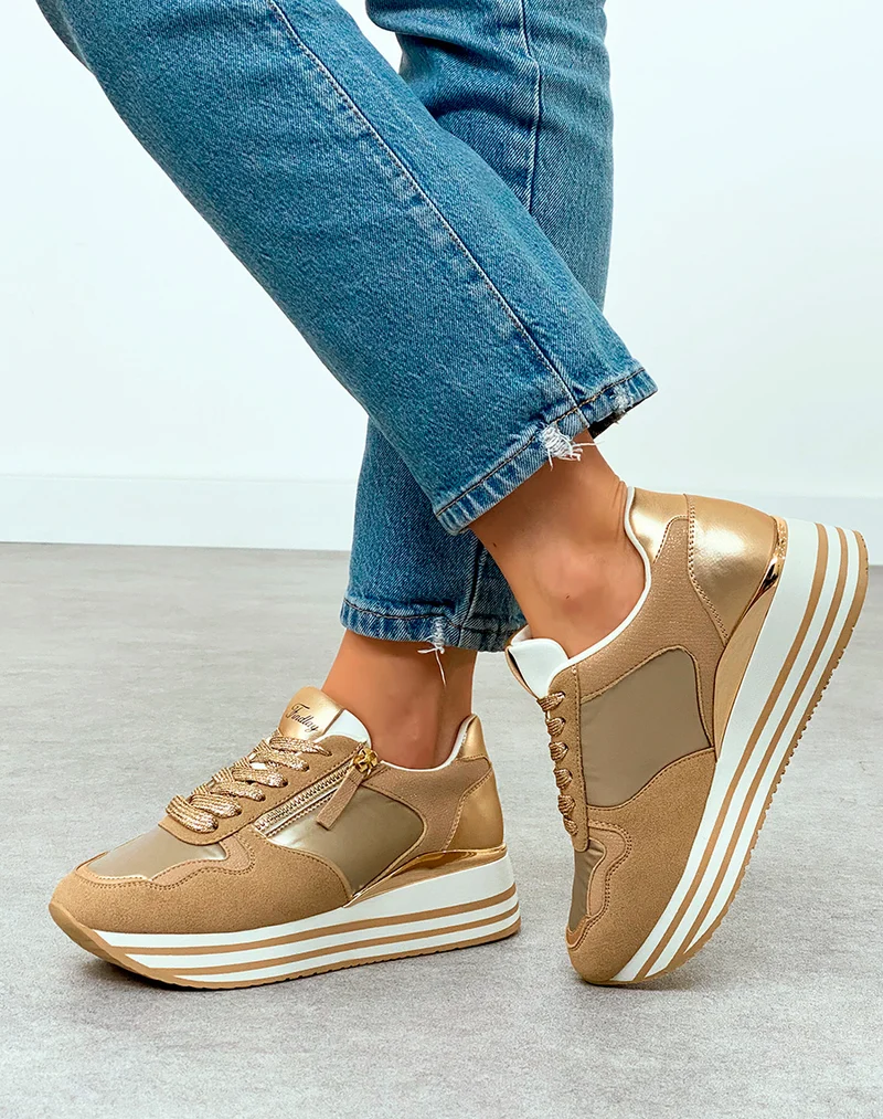 Baskets Femme Beige Métallisé Plateforme Dorée Chic