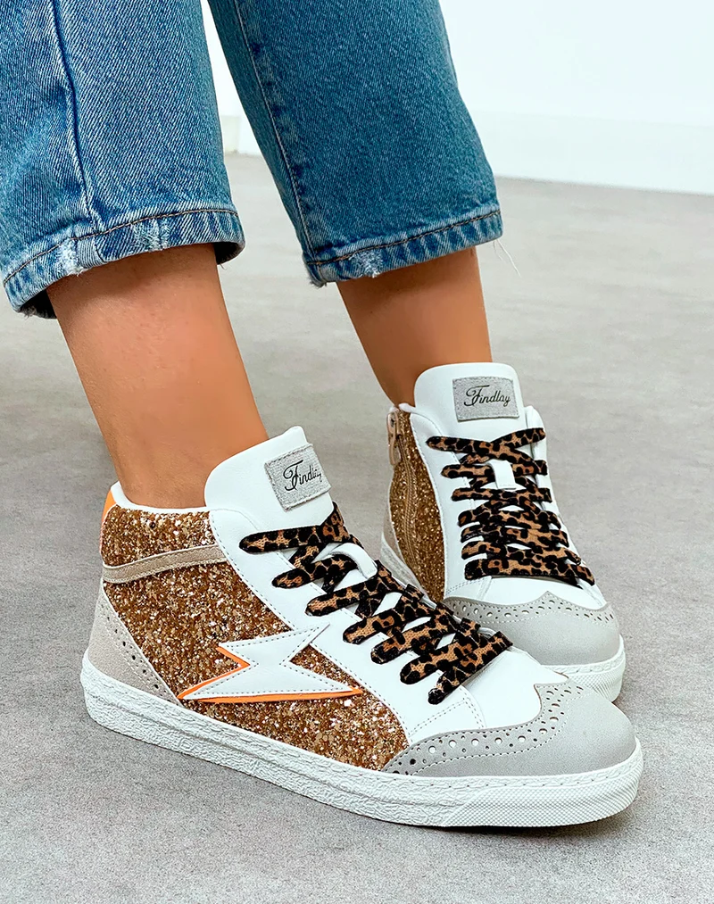 Baskets Montantes Femme Beige Glamour à Paillettes et Lacets Léopard