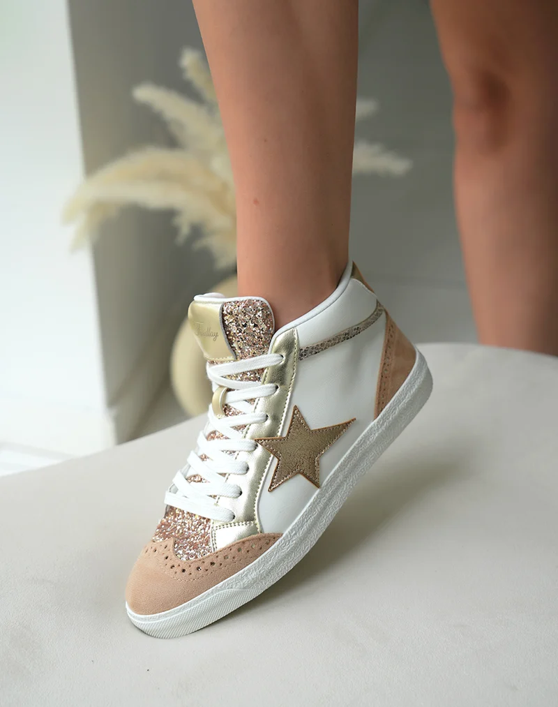 Baskets Montantes Femme Beige Nuancé Tendance avec Paillettes et Étoile Dorée
