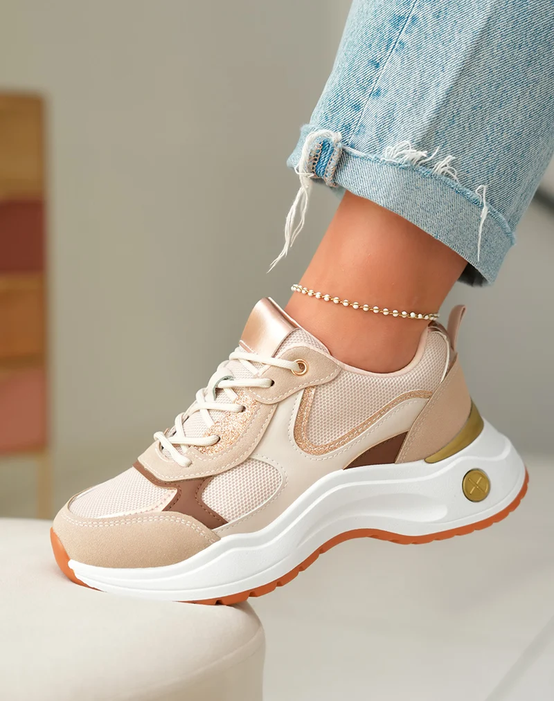 Baskets Beiges en Suédine Femme avec Détails Rose Gold et Marron