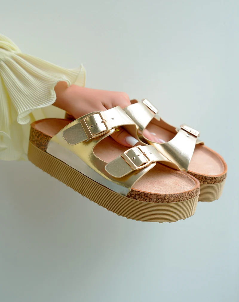 Sandales femme dorées à double sangle ajustable avec plateforme épaisse