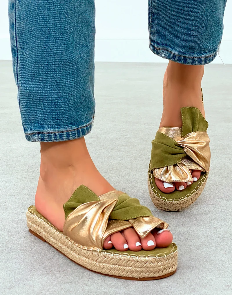 Mules Tendance en Suédine verte avec Semelle en Corde et Nœud Doré