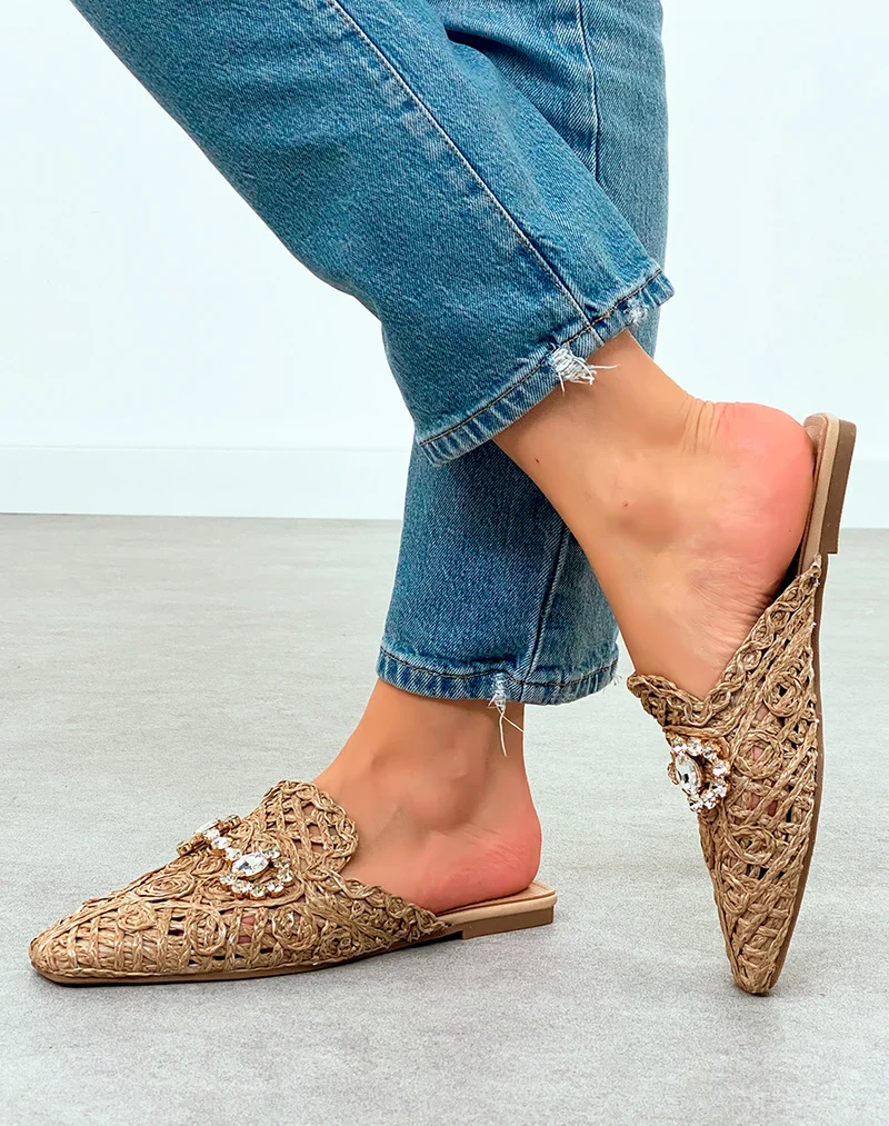 Mules Plates Femme Taupe en Corde avec Détails Bijoux – Fusion d'Artisanat et de Glamour