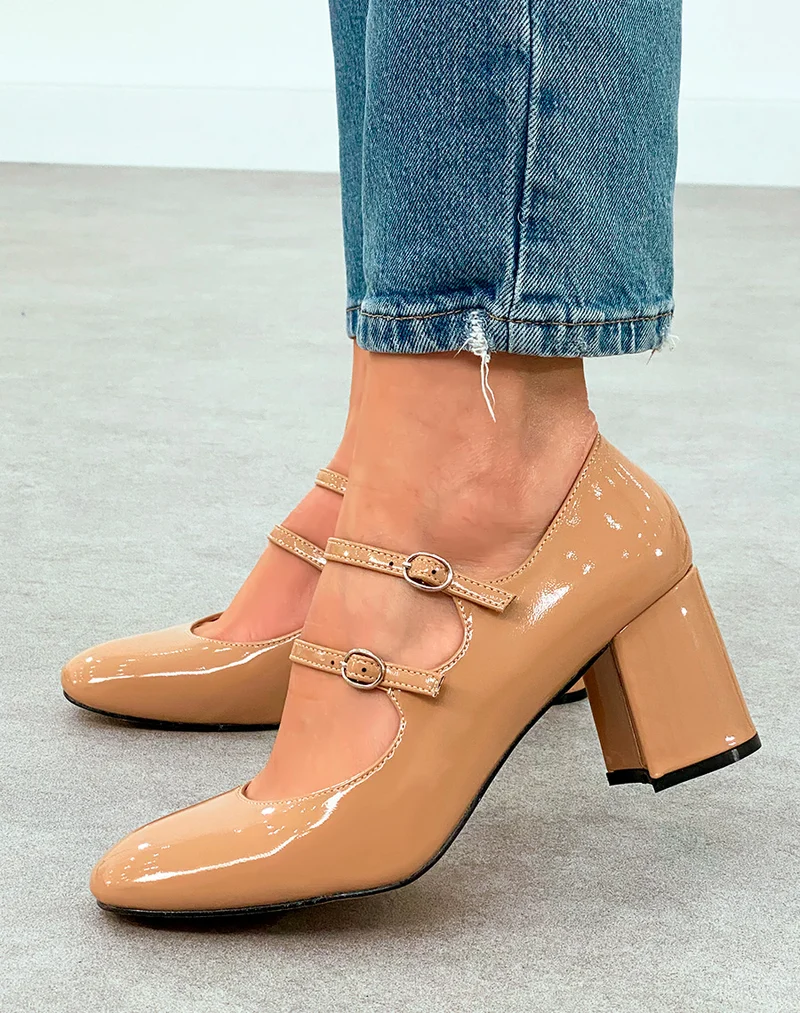Babies Vernies Beige Foncé à Talon et Brides - Allure Chic et Raffinée