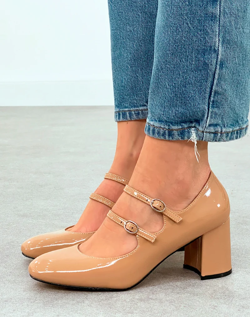 Babies Vernies Beige Foncé à Talon et Brides - Allure Chic et Raffinée
