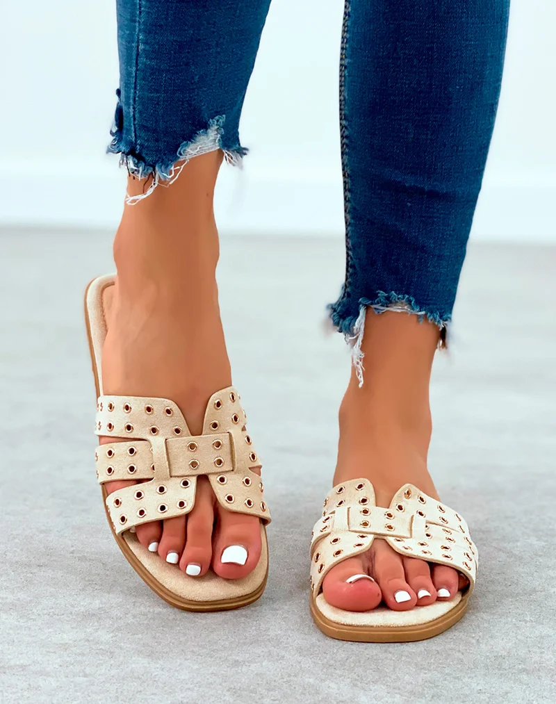 Mules en suédine beige à détails dorées pour femme