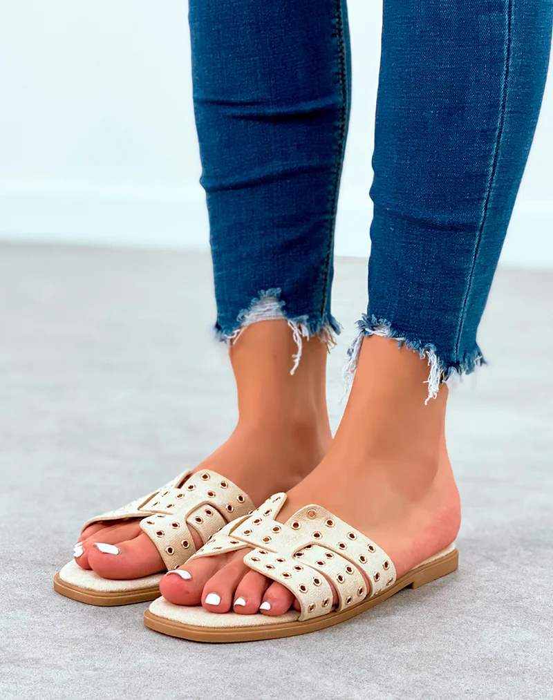 Mules en suédine beige à détails dorées pour femme