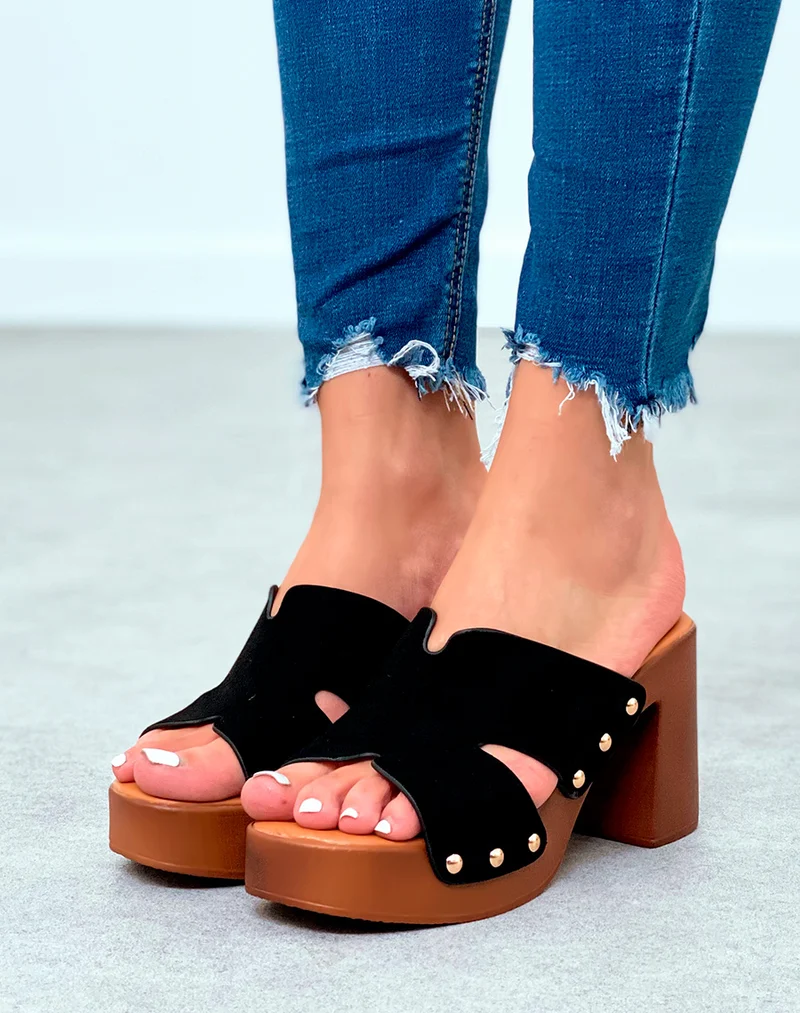 Mules sabots noirs en suédine à talons carrés pour femme