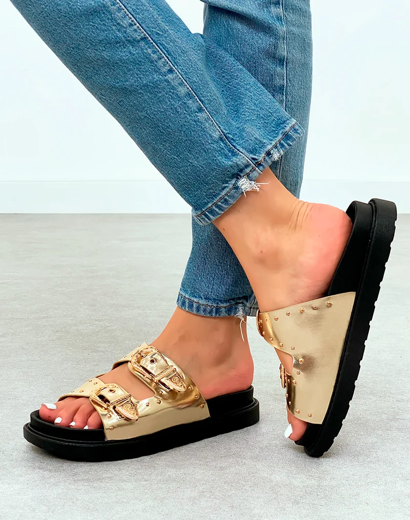 Sandales Plateforme Dorées Femme avec Clous et Sangles Boucle
