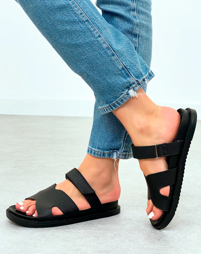 Mules Noires Grainées avec Lanière Scratch et Plateforme Discrète – Élégance au Quotidien