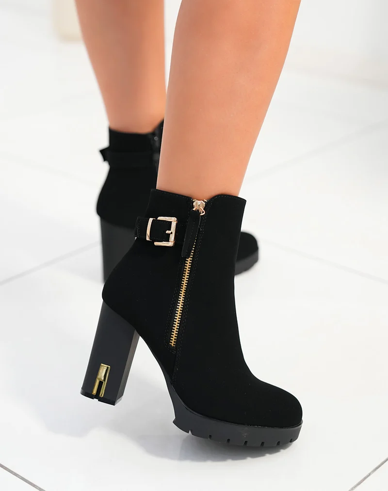 Bottines femme noires en suédine avec talon haut et détails dorés