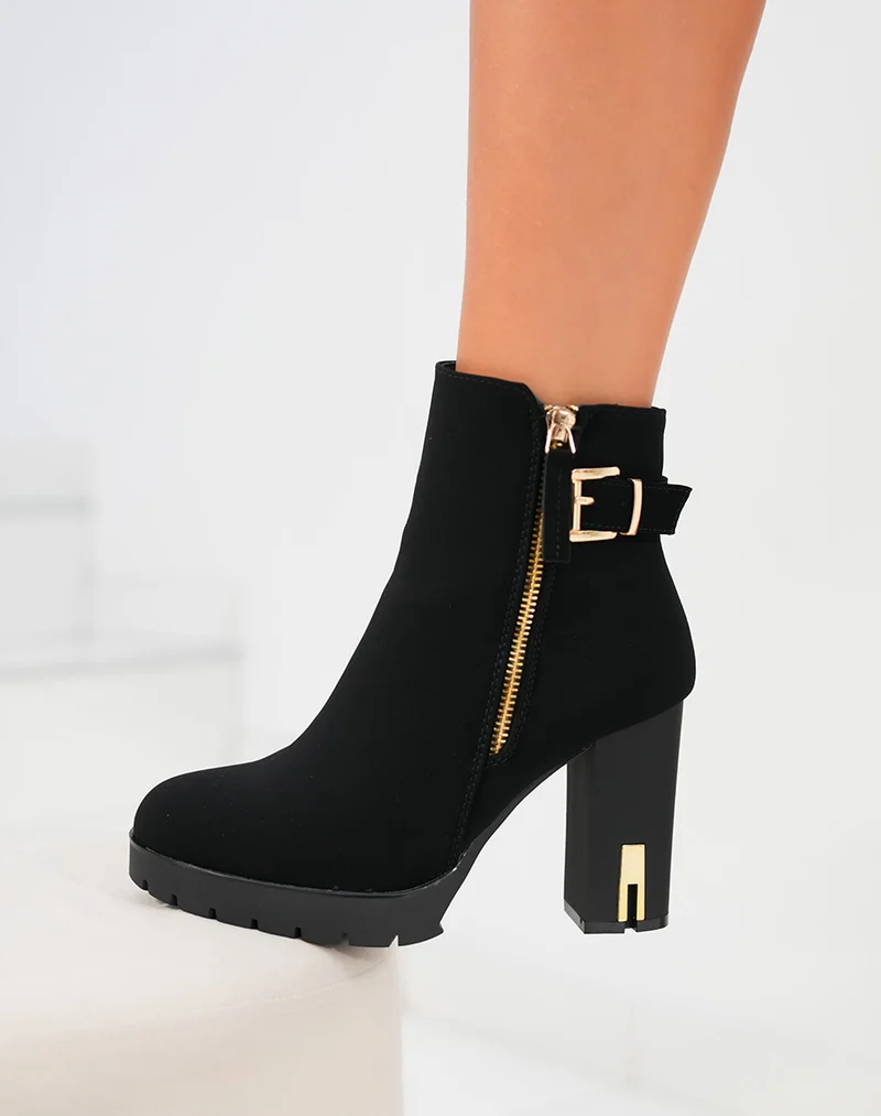Bottines femme noires en suédine avec talon haut et détails dorés