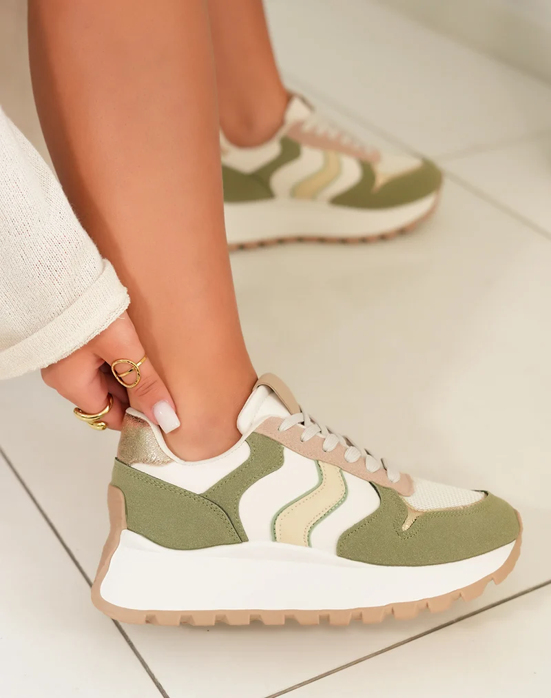 Basket femme à semelle épaisse avec empiècements verts taupe et dorés