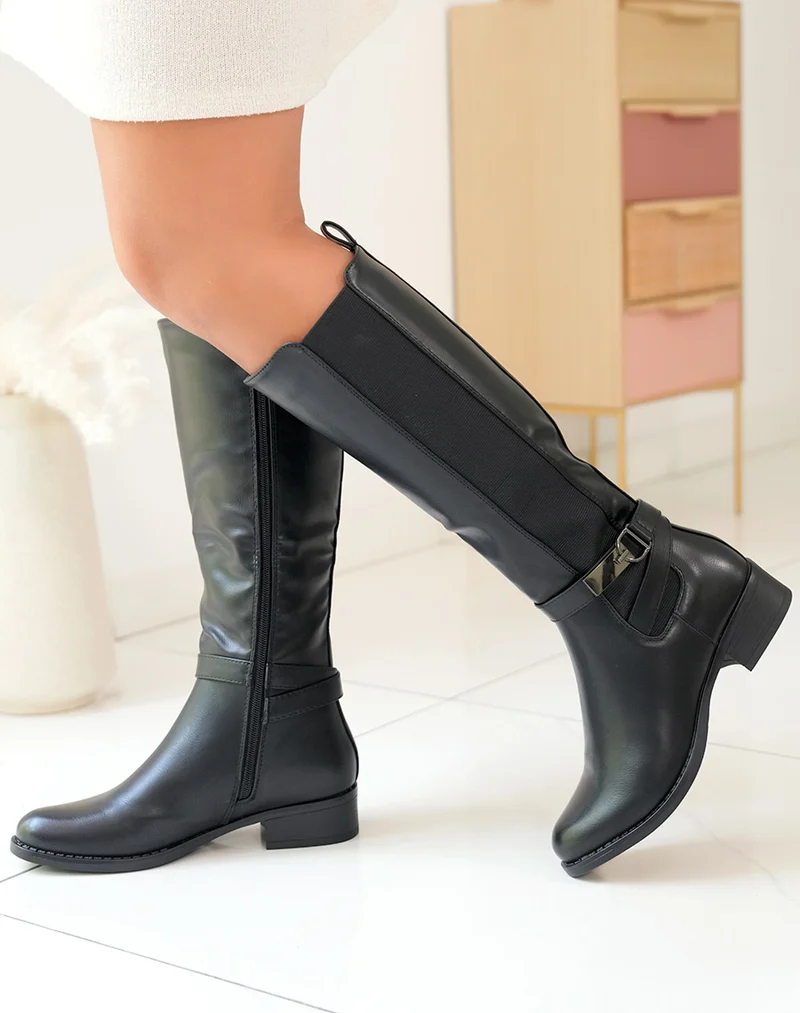 Bottes noires à petits talons bi-matière et à lanières