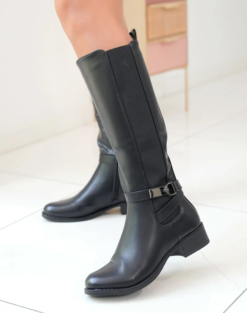 Bottes noires à petits talons bi-matière et à lanières