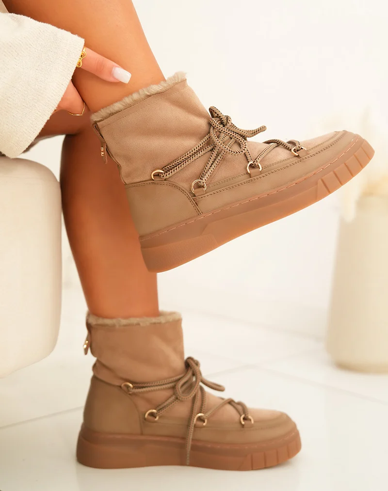 Bottines femme en suédine taupe fourrées avec plateforme épaisse