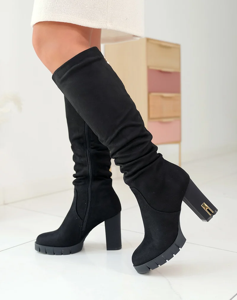 Bottes noires effet daim à talons avec détail doré pour femme