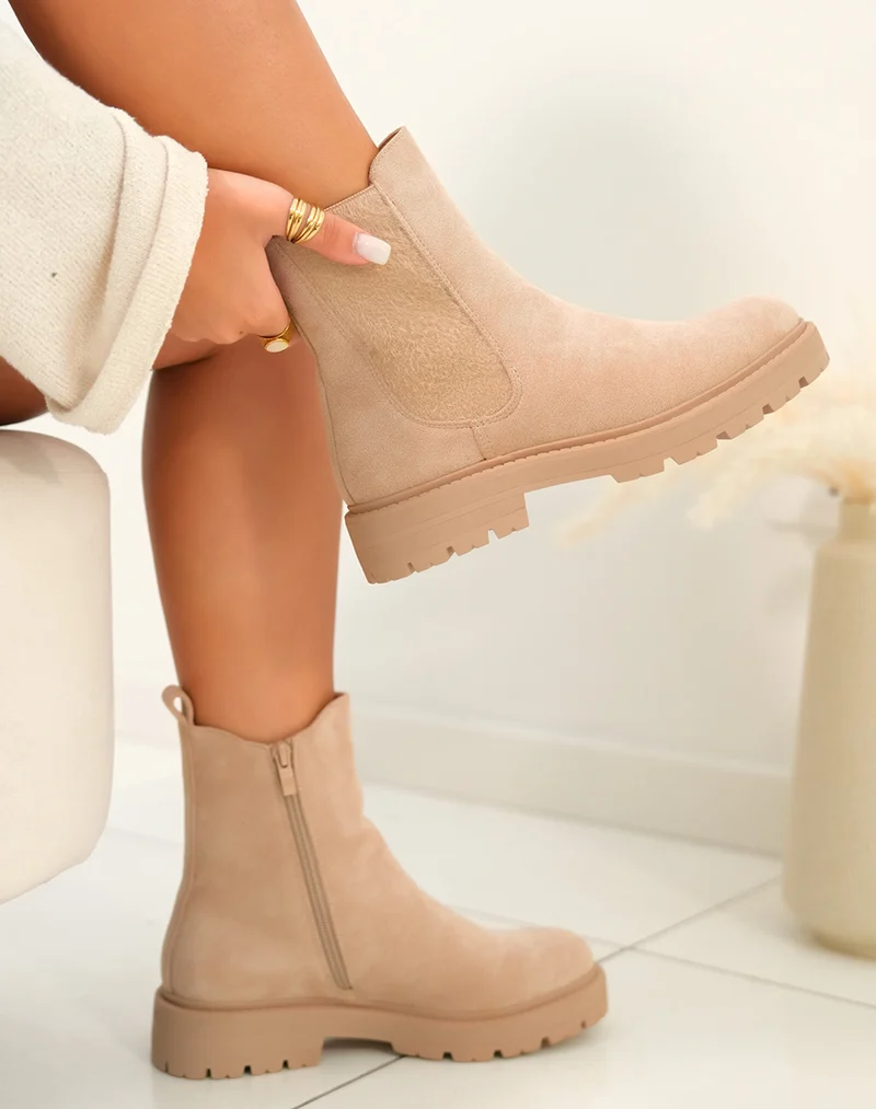 Bottines Beige en Suédine Style Chelsea avec Élastique Doux pour Femme