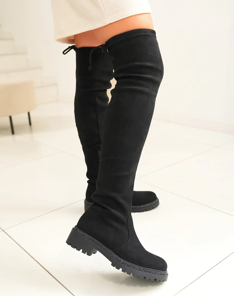 Cuissardes noires à semelle à strass noirs