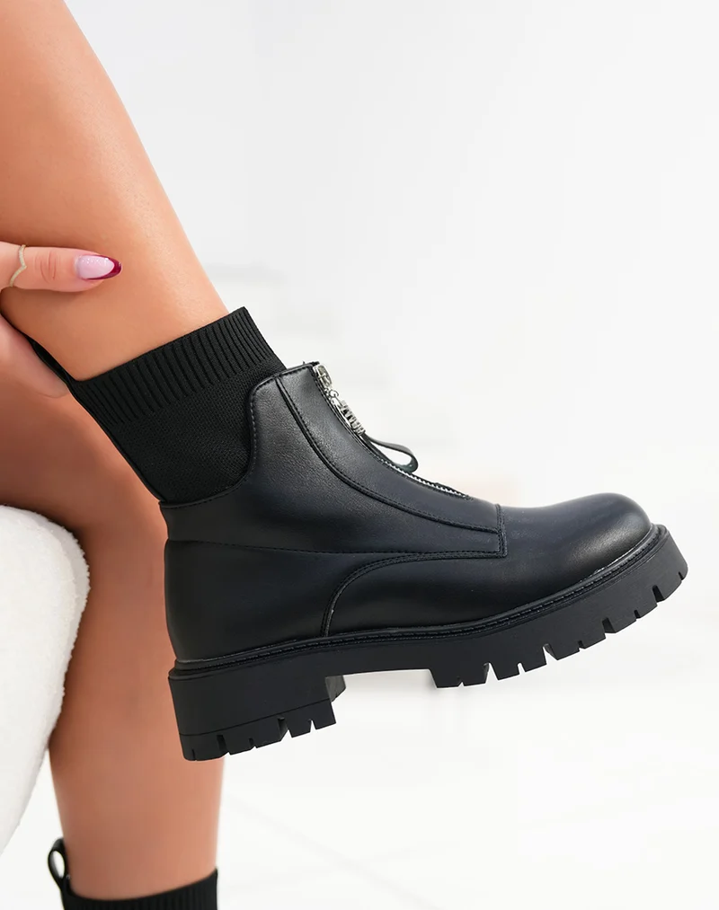 Bottines femme noires effet chaussettes avec fermeture zippée et semelle crantée